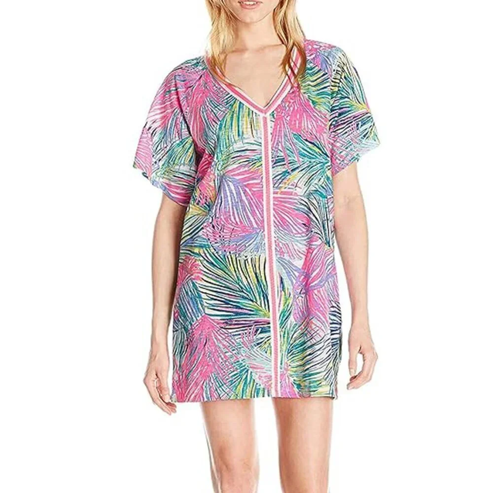 Lilly Pulitzer Bonita V-Neck Short Sleeve Cotton Coverup Tropical Palm Print, L